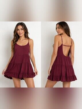Brandy Melville Jada Dress Burgundy Tiered Mini Open Back Babydoll One Size Boho